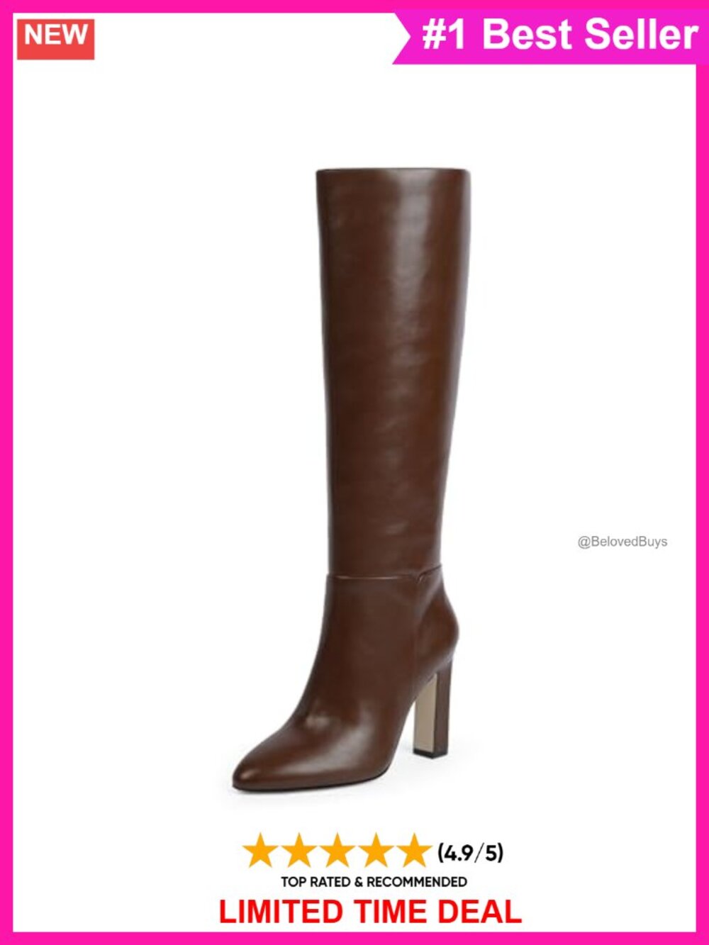 Women Knee High Boots Almond Toe Chunky Block Heel Faux Leather
